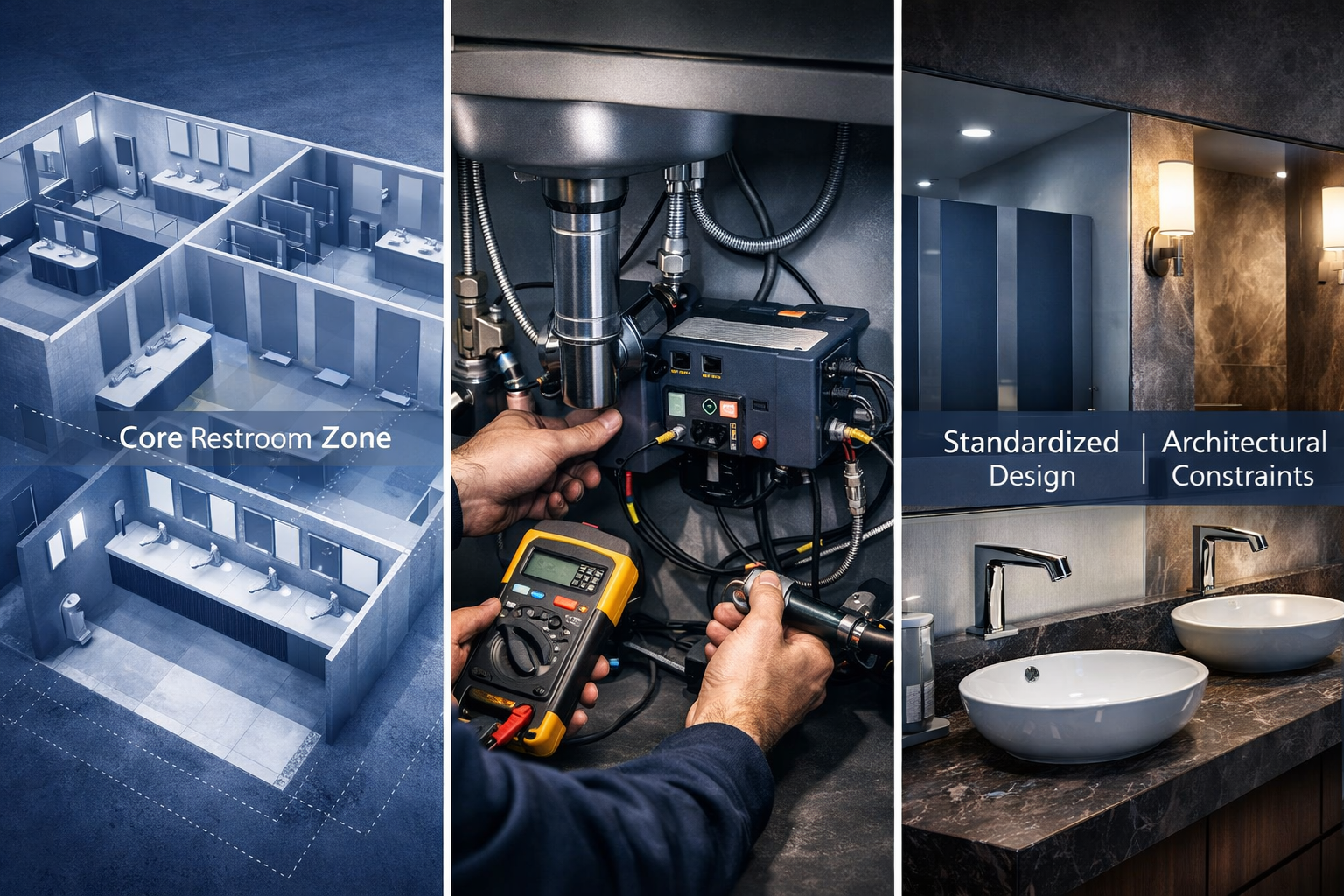 Hybrid restroom specification strategy across multi-facility environments